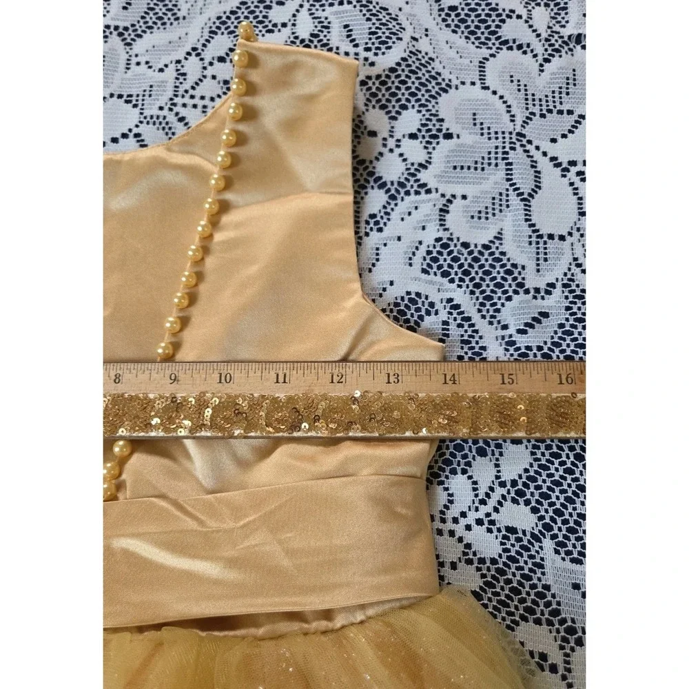 Girls Gold Maxi Gown 8 Sparkle Tulle Detachable Bow Pearls Party Wedding NWT
